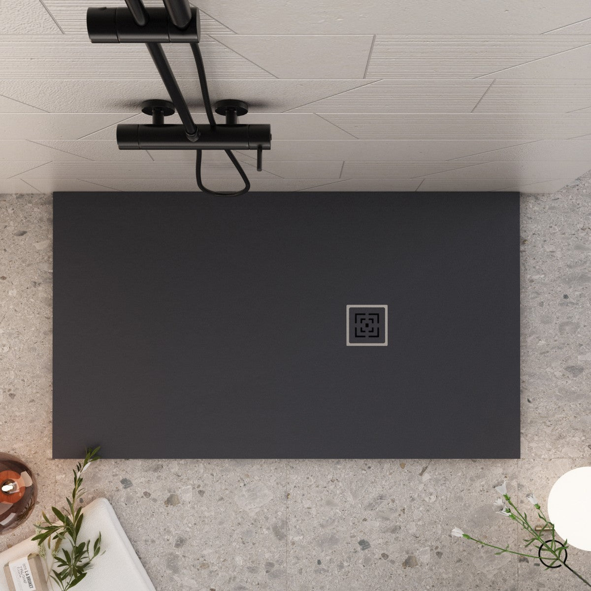 Piatto doccia mineralmarmo roma con griglia in tinta colore nero, dimensioni 70x70