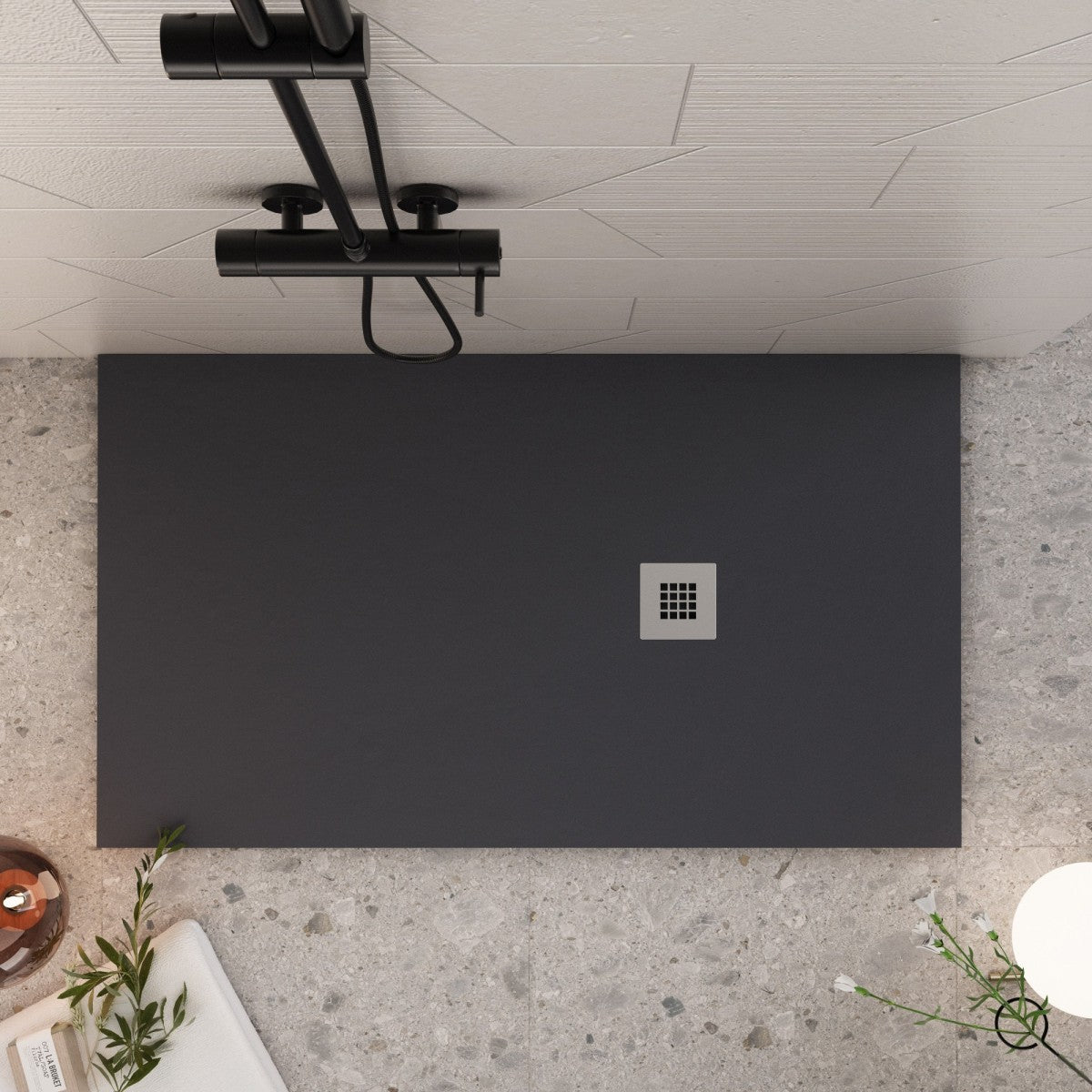 Piatto doccia nero in marmoresina con griglia inox e piletta gratis - star plus, misura 70x160