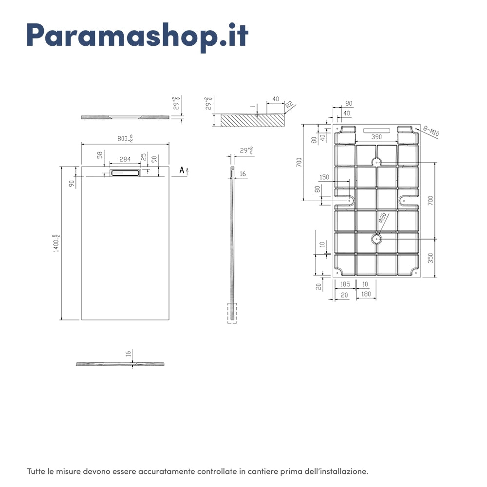 Piatto doccia 80x140 cm in marmoresina grigio effetto pietra | Paros