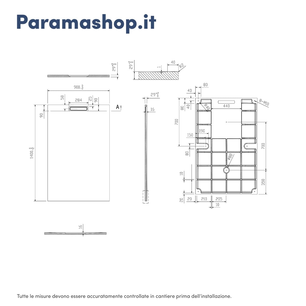 Piatto doccia 90x140 cm in marmoresina grigio effetto pietra | Paros