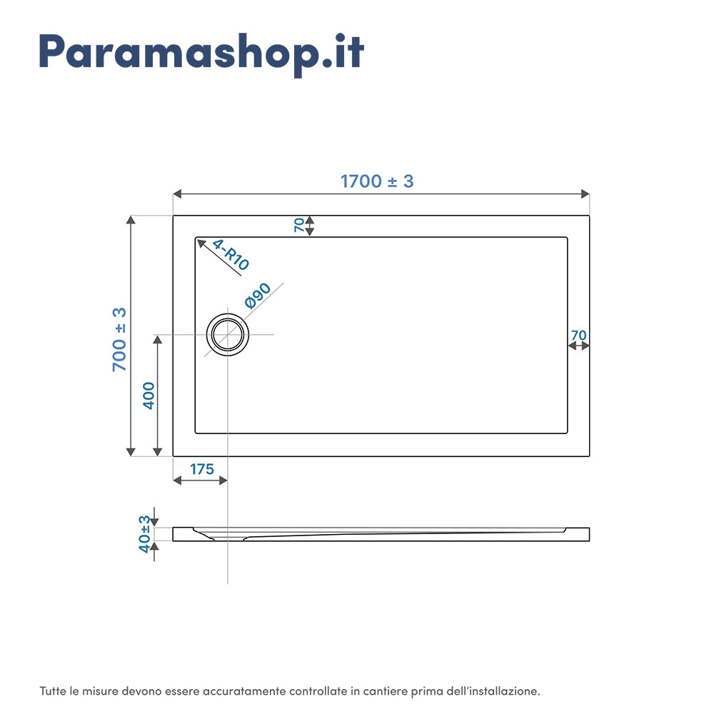 Piatto doccia 70x170 effetto pietra nero in acrilico altezza slim | Petra
