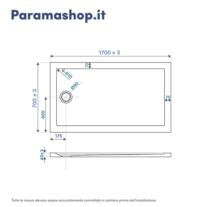 Piatto doccia 70x170 effetto pietra nero in acrilico altezza slim | Petra