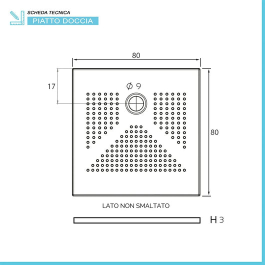 Piatto doccia quadrato 80x80 H3 cm in ceramica bianco opaco con antiscivolo | Ruy