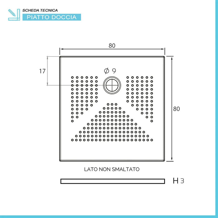 Piatto doccia quadrato 80x80 H3 cm in ceramica bianco opaco con antiscivolo | Ruy