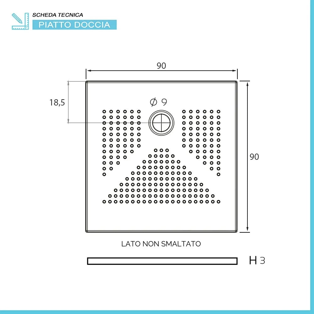 Piatto doccia quadrato 90x90 H3 cm in ceramica bianco opaco con antiscivolo | Ruy