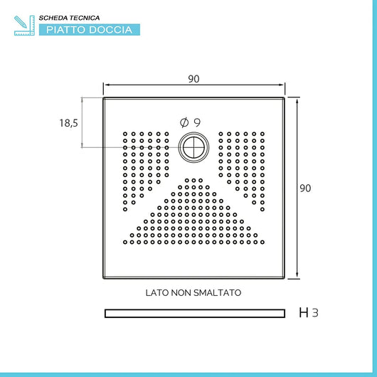 Piatto doccia quadrato 90x90 H3 cm in ceramica bianco opaco con antiscivolo | Ruy