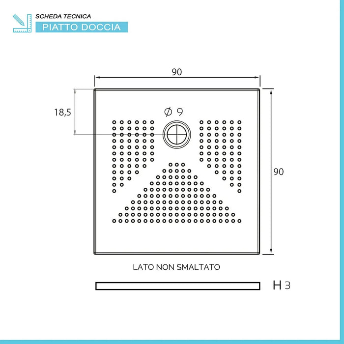 Piatto doccia quadrato 90x90 H3 cm in ceramica bianco opaco con antiscivolo | Ruy