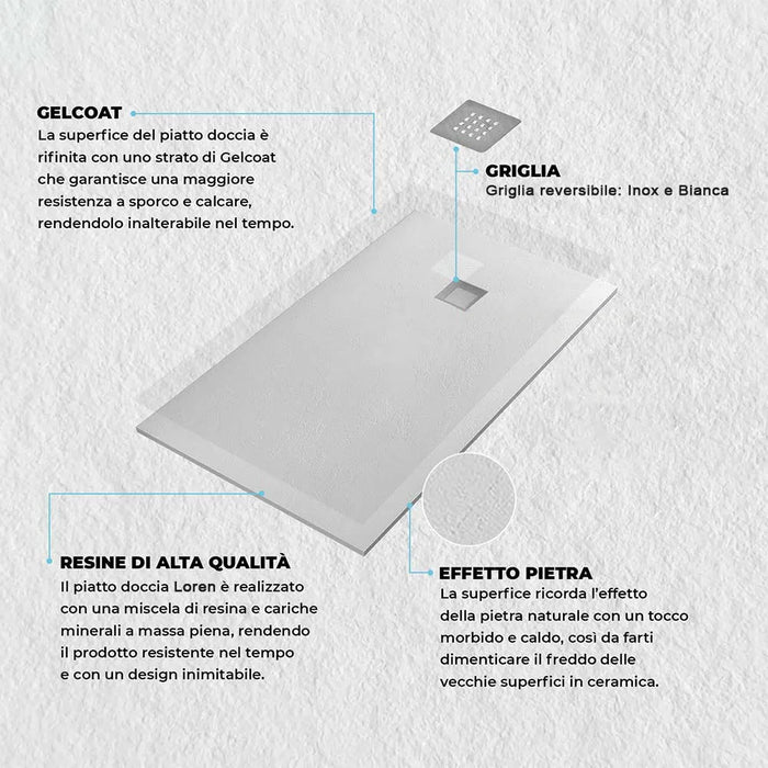 Piatto doccia resina 70x90 semicircolare sinistro bianco pietra filo pavimento  Loren