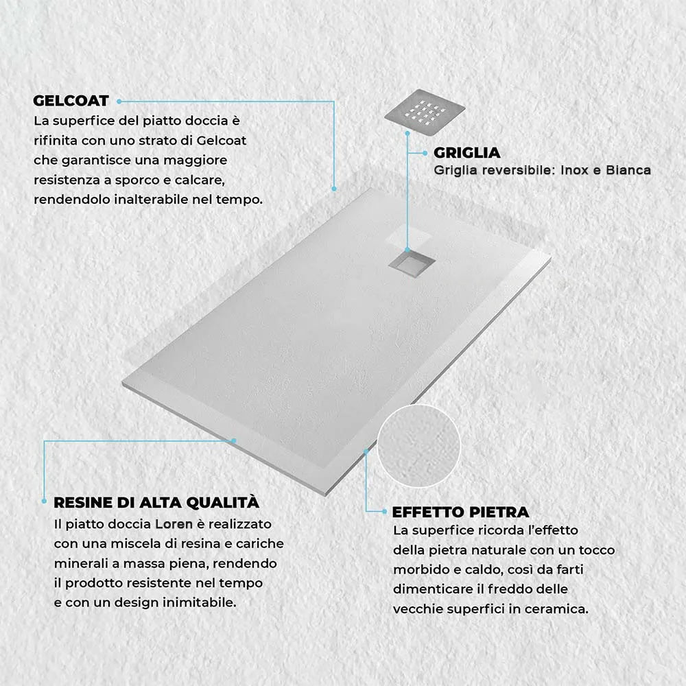 Piatto doccia resina 80x100 semicircolare sinistro bianco pietra filo pavimento  Loren