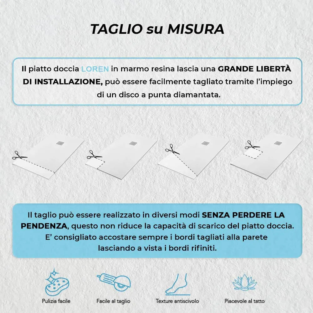 Piatto doccia resina 80x80 semicircolare bianco pietra riducibile  Loren