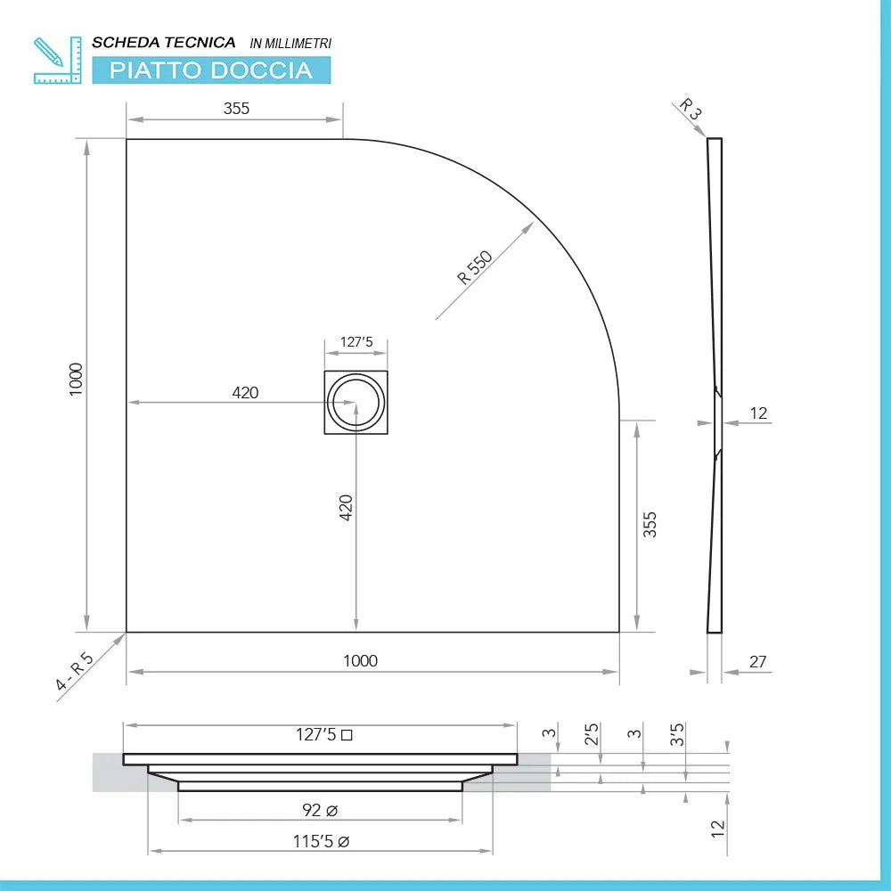 Piatto doccia semicircolare 100x100 bianco riducibile su misura Ten