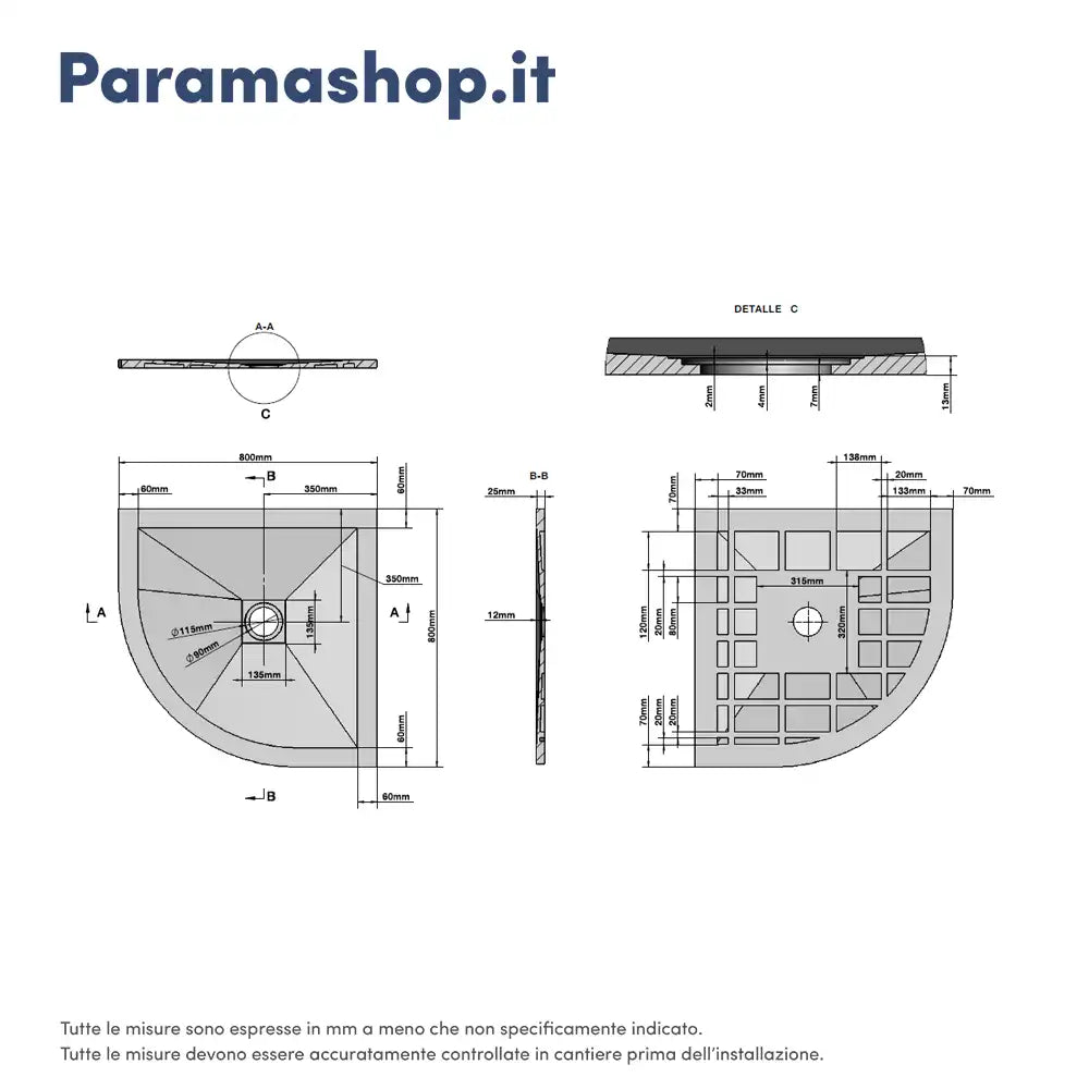 Piatto doccia semicircolare 80x80cm effetto pietra nero antracite in marmoresina e gel coat | Messapia