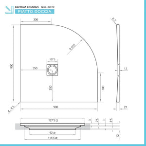 Piatto doccia semicircolare 90x90 antracite riducibile su misura Ten