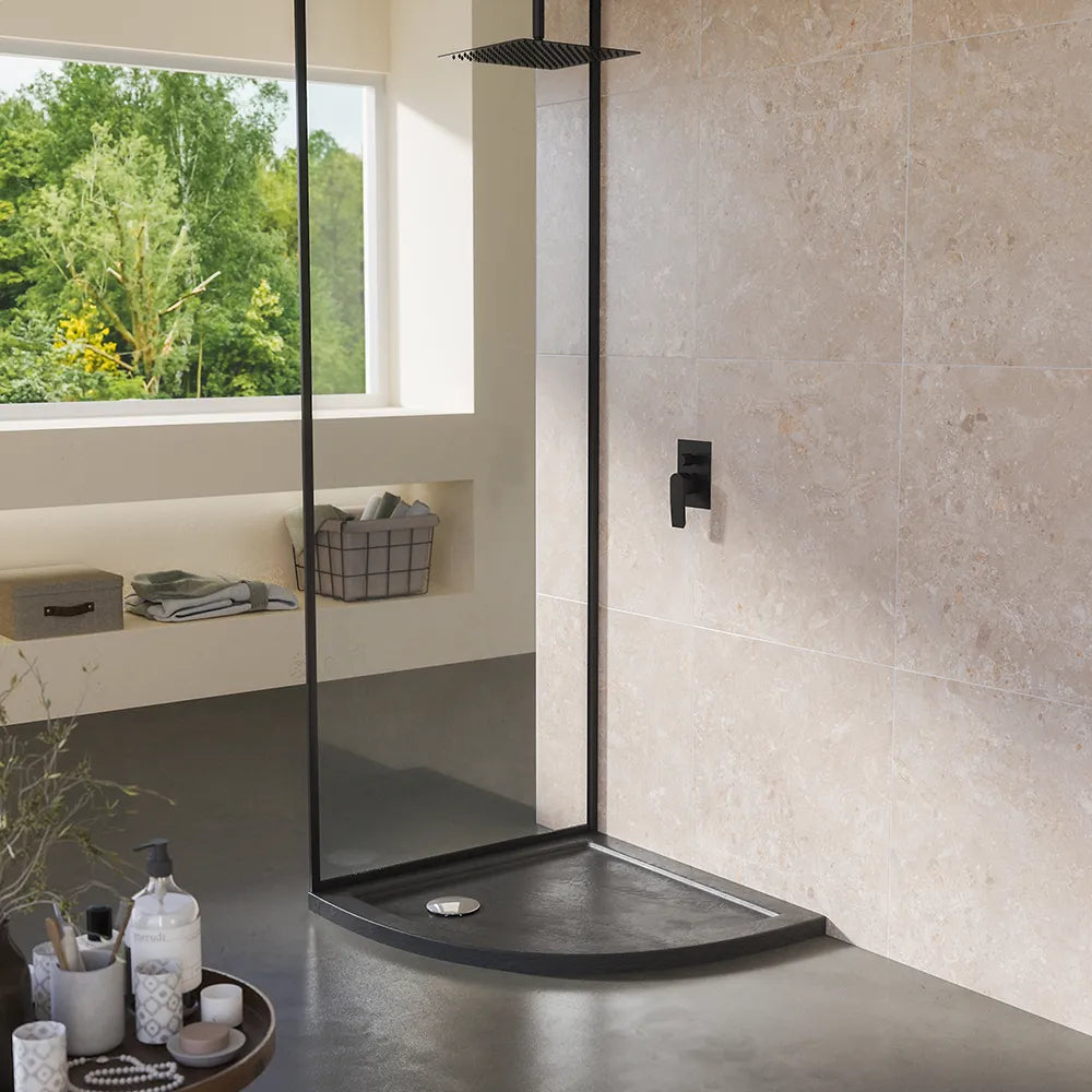 Piatto doccia 80x80 semicircolare bordato effetto pietra nero in acrilico altezza slim | Petra