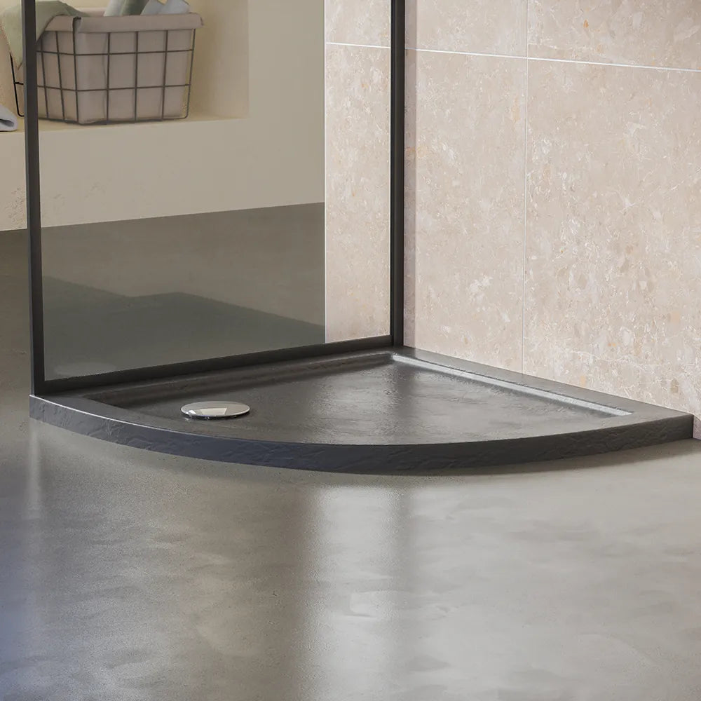 Piatto doccia 80x80 semicircolare bordato effetto pietra nero in acrilico altezza slim | Petra