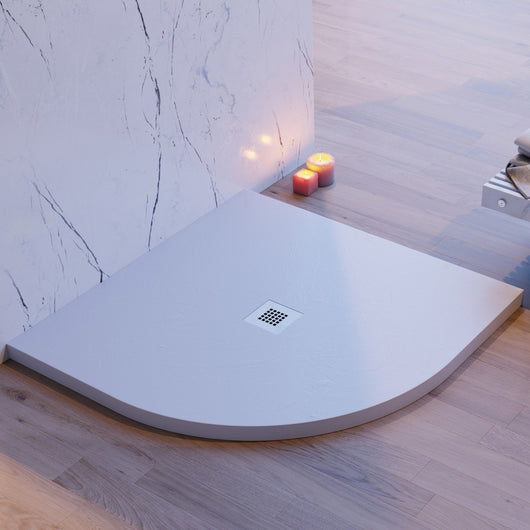 Piatto doccia semicircolare grigio chiaro effetto pietra cemento, misura 90x90