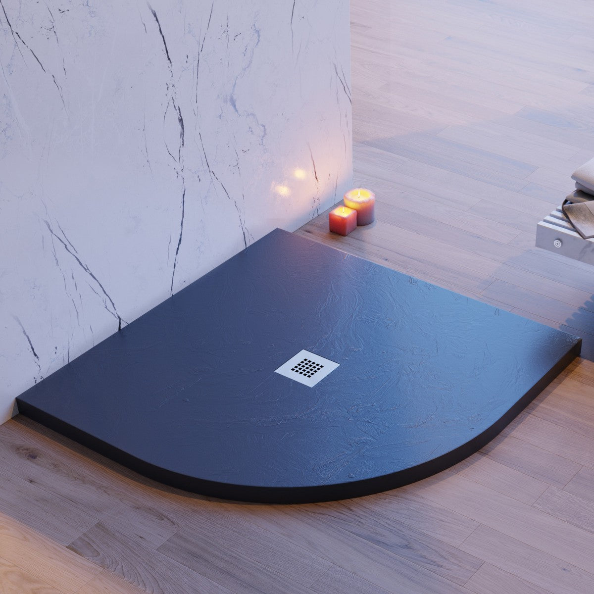 Piatto doccia semicircolare grigio scuro effetto pietra cemento, misura 90x90