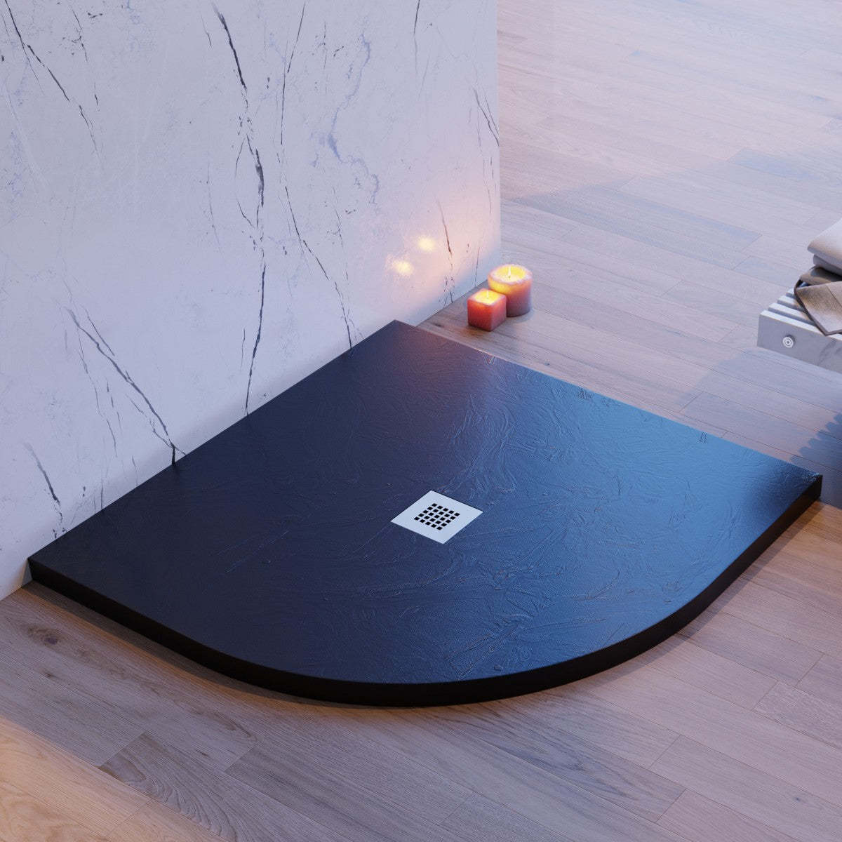 Piatto doccia semicircolare nero effetto pietra cemento, misura 90x90