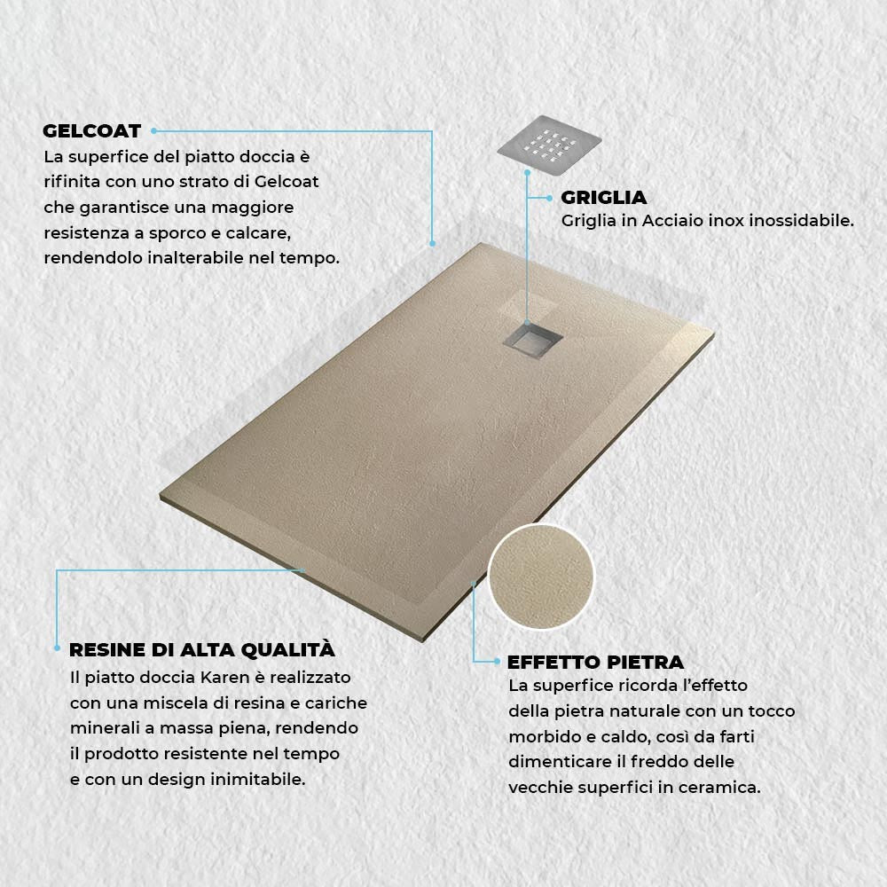 Piatto doccia su misura 70x130 Karen in resina tortora effetto pietra