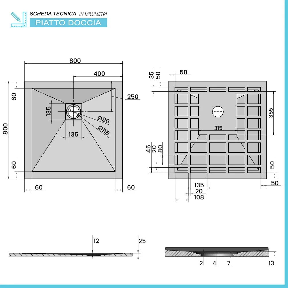 Piatto doccia su misura 80x80 Karen in resina bianco effetto pietra