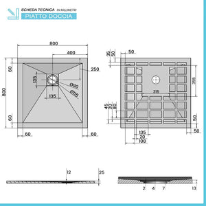 Piatto doccia su misura 80x80 Karen in resina bianco effetto pietra