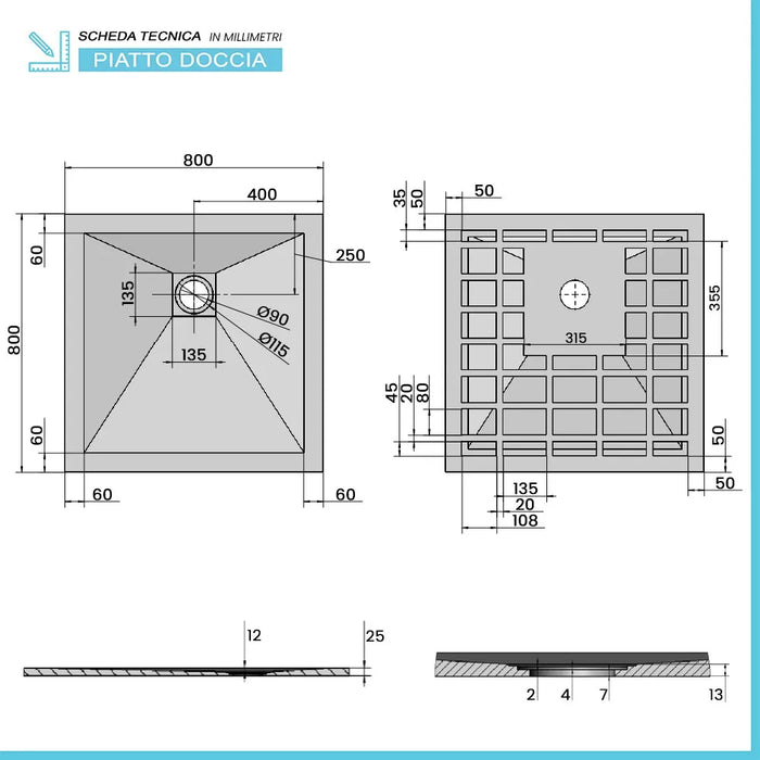 Piatto doccia su misura 80x80 Karen in resina bianco effetto pietra