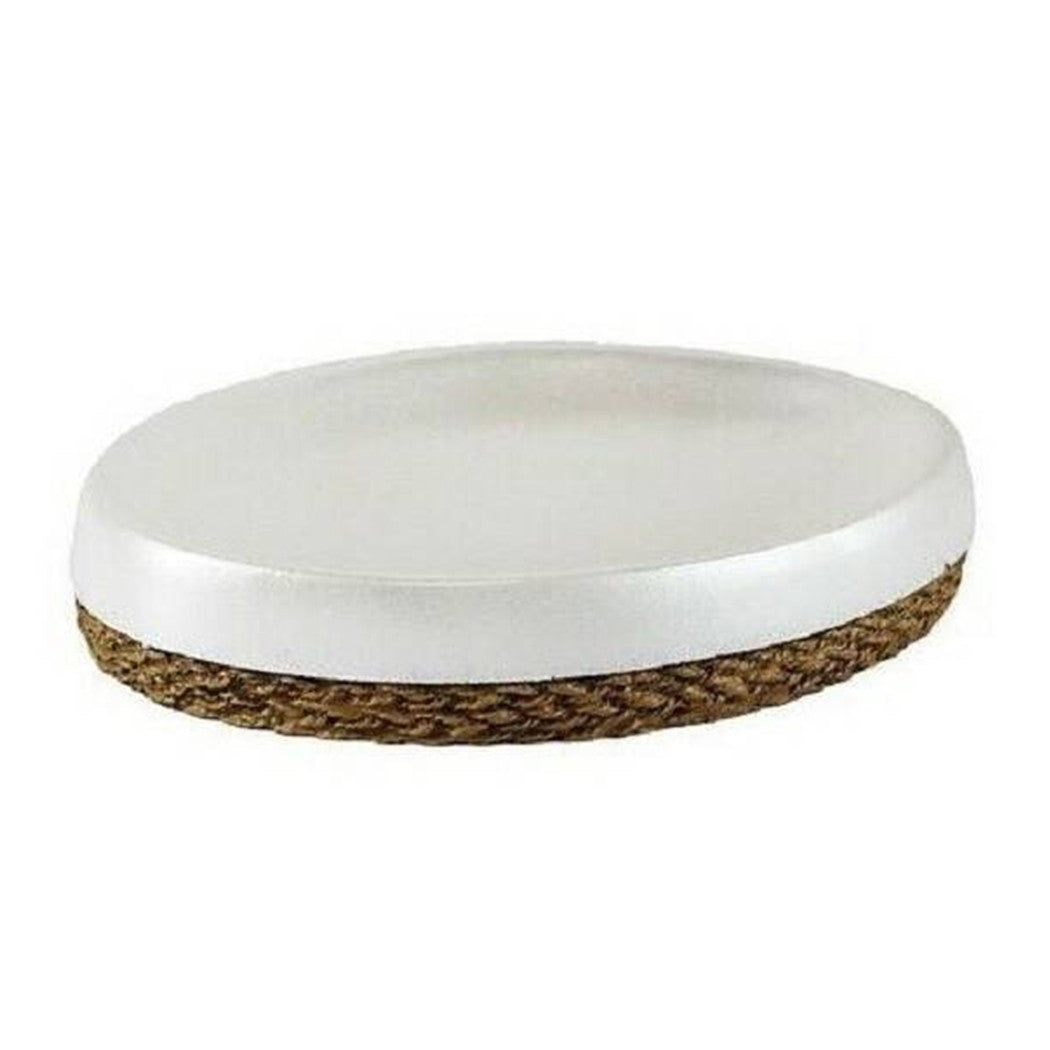 Trade Shop - Piatto Piattino Porta Sapone Saponetta Bagno In Ceramica Bianca E Corda 10377 -