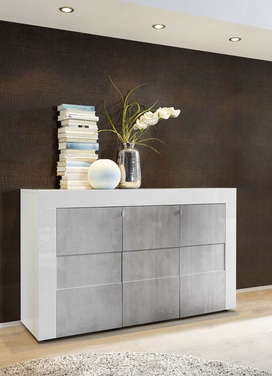 Credenza Moderna, Madia di Design, 3 ante, Bianco Lucido con frontali Beton ZLCEAY-MD3ABE