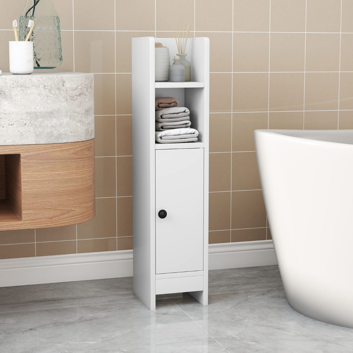 Piccolo mobile da terra per angoli con porta e ripiani regolabili-Ripostiglio da bagno per porta carta igienica Bianco