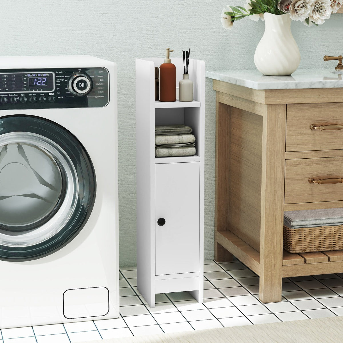 Piccolo mobile da terra per angoli con porta e ripiani regolabili-Ripostiglio da bagno per porta carta igienica Bianco