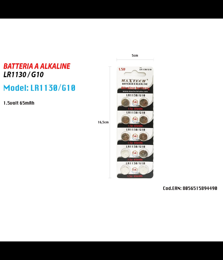Pile Alkaline Lr1130/g10 1.5v Batterie Bottone 65mah Telecomandi Orologi Maxtech         