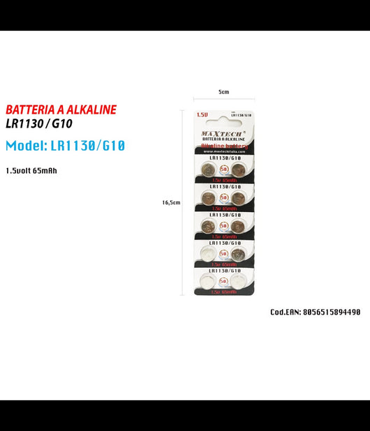 Pile Alkaline Lr1130/g10 1.5v Batterie Bottone 65mah Telecomandi Orologi Maxtech         