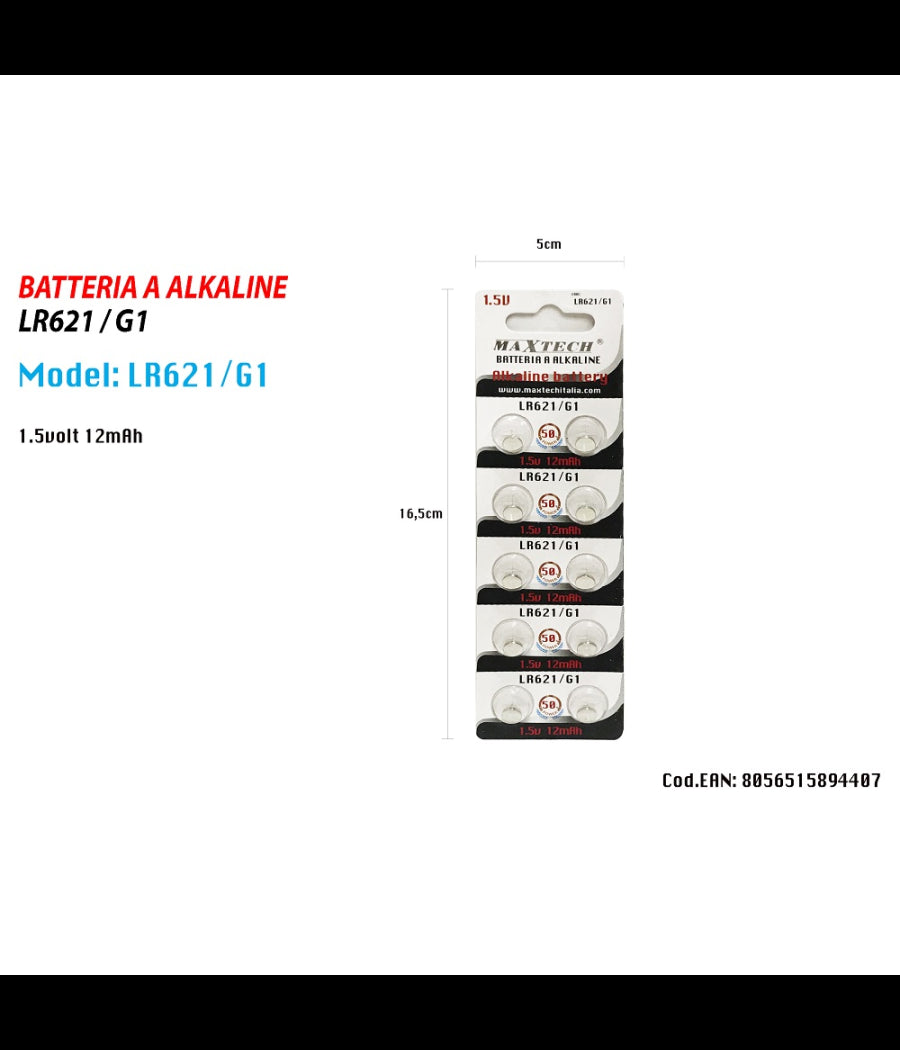 Pile Alkaline Lr621/g1 1.5v 12mah Batterie Bottone Telecomandi Orologi Maxtech         