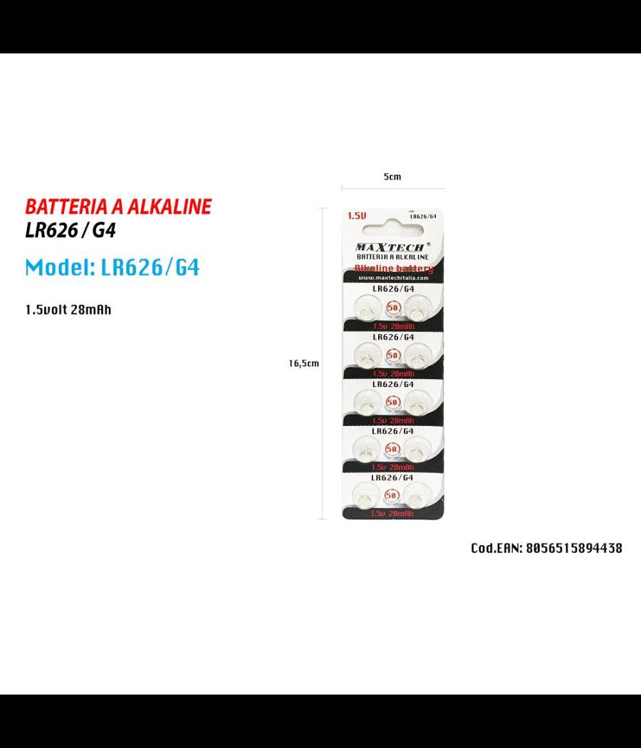 Pile Batteria Alkaline Lr626/g4 1.5v 28mah A Bottone Orologi Telecomandi Maxtech         