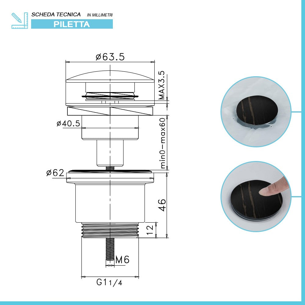 Piletta di scarico clic clac effetto marmo nero con e senza troppopieno