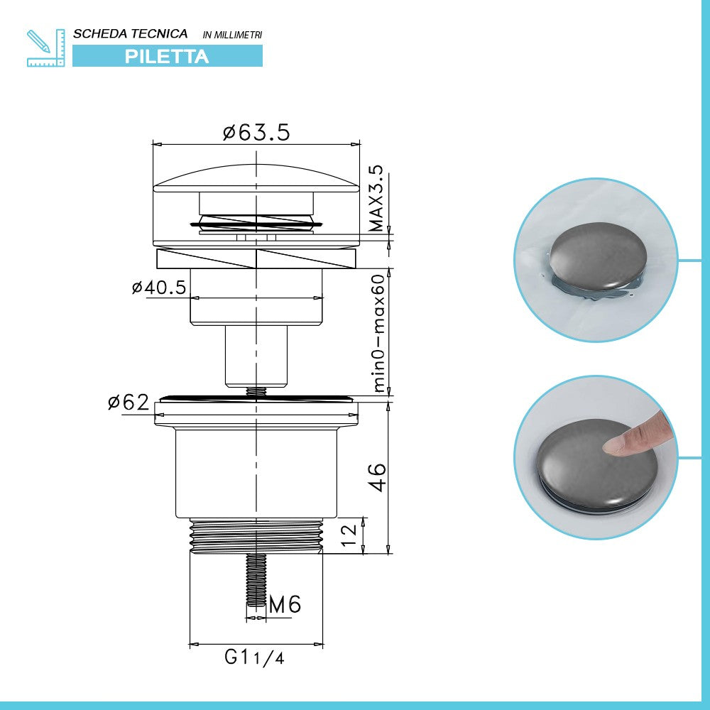 Piletta di scarico clic clac grigio opaca con e senza troppopieno