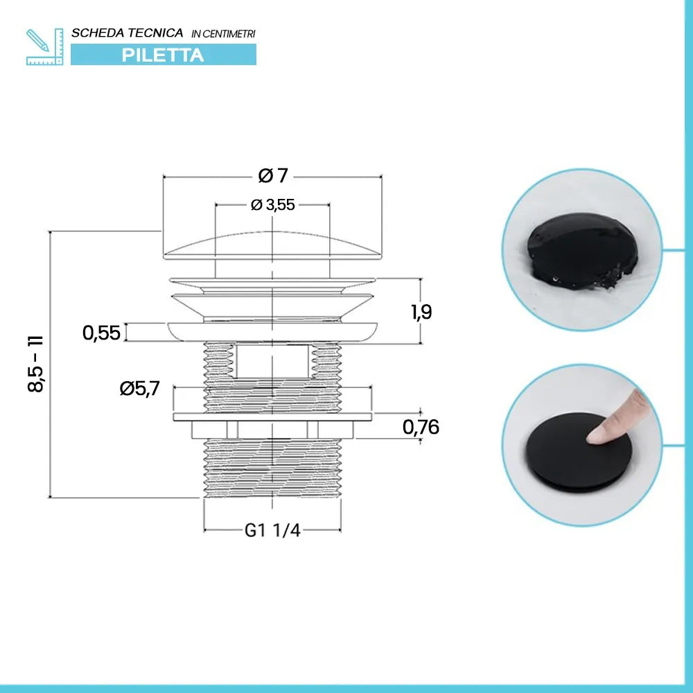 Piletta di scarico clic clac nera opaca con e senza troppopieno