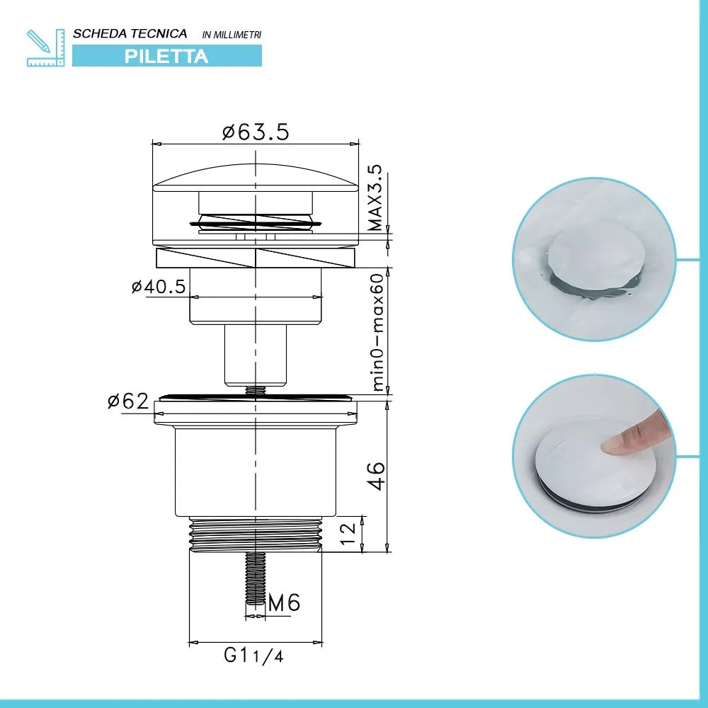 Piletta di scarico click clack universale bianco opaco con e senza troppopieno