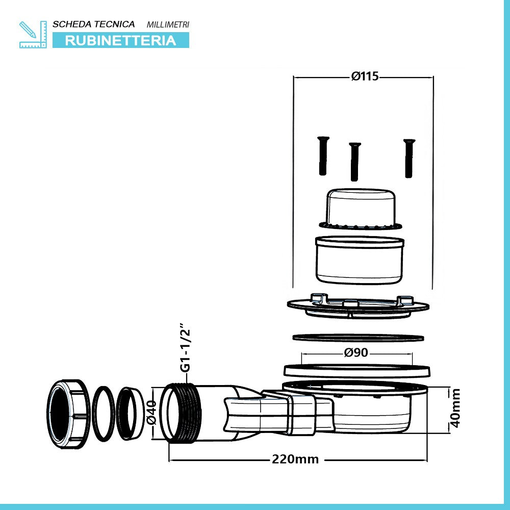 Piletta di scarico per piatti doccia slim con coperchio ispezionabile