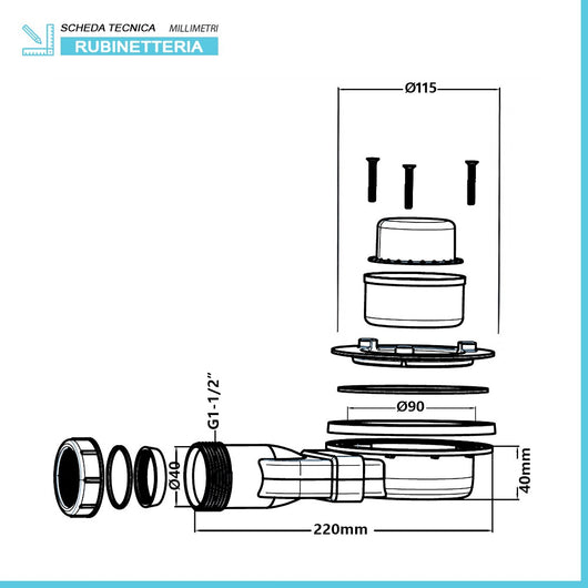 Piletta di scarico per piatti doccia slim con coperchio ispezionabile