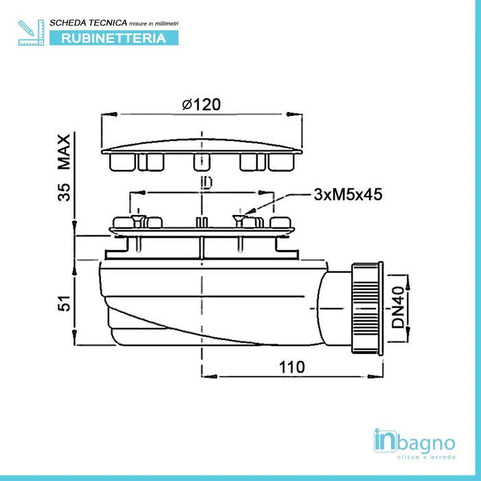 Piletta di scarico sifonata extra slim H51 D90 cm con griglia in acciaio inox