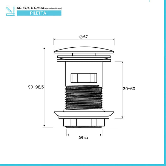 Piletta di scarico universale click clack con troppopieno tappo cromato