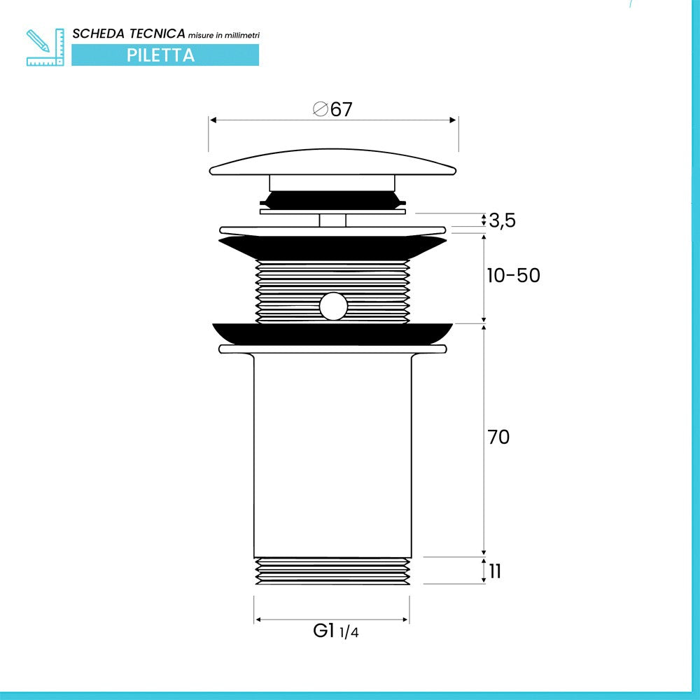 Piletta di scarico universale click clack senza troppopieno tappo in acciaio cromato