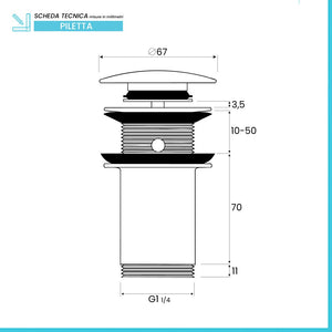 Piletta di scarico universale click clack senza troppopieno tappo in acciaio cromato