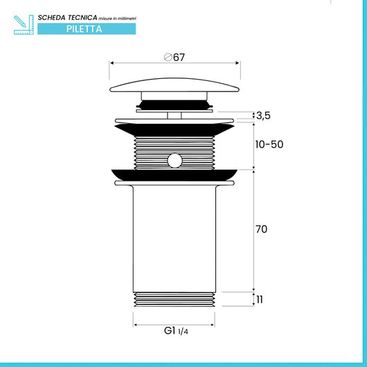 Piletta di scarico universale click clack senza troppopieno tappo in acciaio cromato