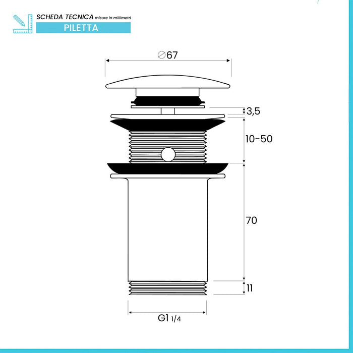 Piletta di scarico universale click clack senza troppopieno tappo in acciaio cromato