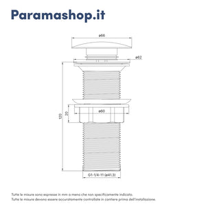 Piletta di scarico click-clack universale per lavabo senza troppo pieno in ottone cromato corpo 120 mm | Noana