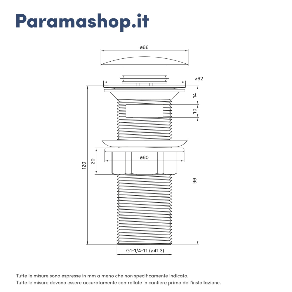 Piletta di scarico click-clack universale per lavabo con troppo pieno in ottone cromato corpo 120 mm | Noana