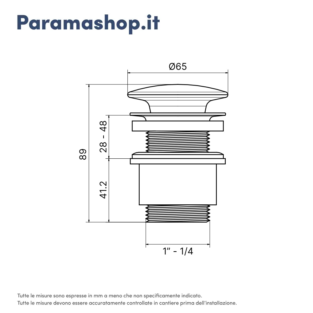 Piletta di scarico click-clack universale per lavabo e bidet con troppo pieno in ottone cromato e cover in ceramica bianca | Frera