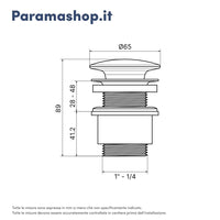 Piletta di scarico click-clack universale per lavabo e bidet con troppo pieno in ottone cromato e cover in ceramica bianca | Frera